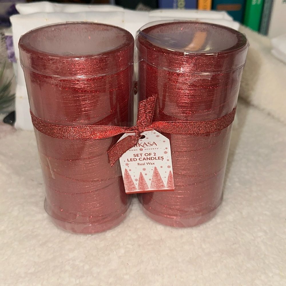 Mikasa set of 2 Christmas Holiday Red Half Glitter LED Wax Pillars
